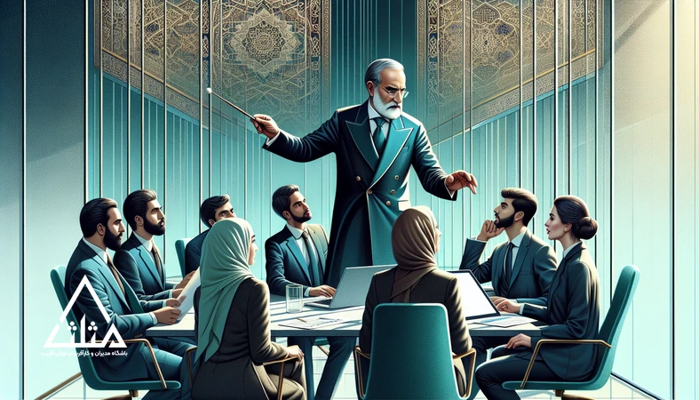 هماهنگی سبک رهبری با فرهنگ تیم؛ تصویر رهبر ایرانی که همچون رهبر ارکستر تیم متنوعی را هدایت می‌کند؛ رهبری اثربخش و مهارت‌های رهبری