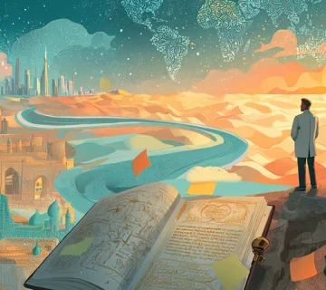 مدیر ایرانی در چشم‌انداز سفر آموزشی با دفترچه یادداشت، قطب‌نما و نقشه؛ نمادی از سفر به‌عنوان ابزار یادگیری و گسترش دید مدیریتی