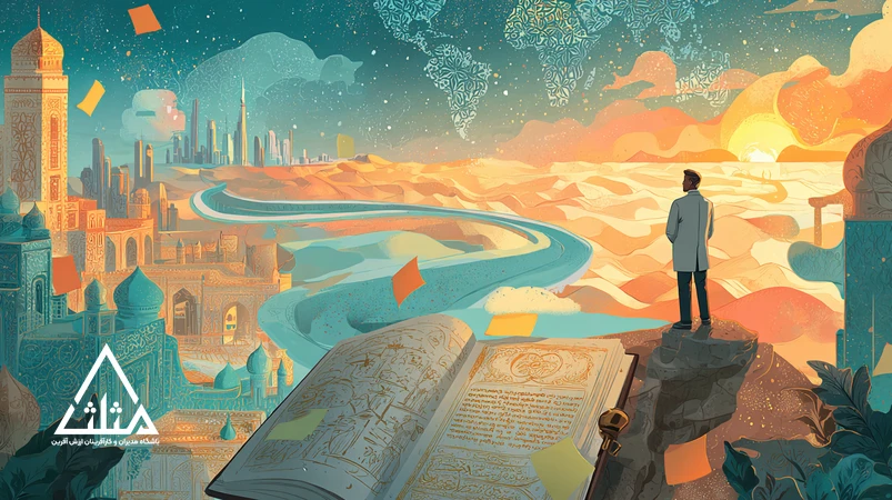 مدیر ایرانی در چشم‌انداز سفر آموزشی با دفترچه یادداشت، قطب‌نما و نقشه؛ نمادی از سفر به‌عنوان ابزار یادگیری و گسترش دید مدیریتی