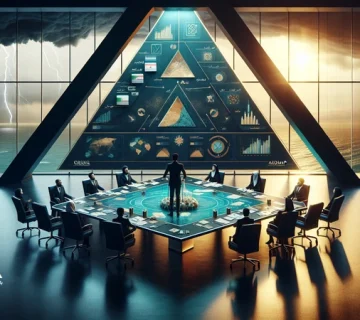 رهبر ایرانی در اتاق جلسه با تیمی متمرکز در پس‌زمینه طوفان؛ نماد مدیریت در بحران و رهبری در بحران با تمرکز بر مدیریت تغییر ناگهانی و تصمیم‌گیری در شرایط عدم قطعیت