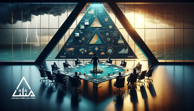 رهبر ایرانی در اتاق جلسه با تیمی متمرکز در پس‌زمینه طوفان؛ نماد مدیریت در بحران و رهبری در بحران با تمرکز بر مدیریت تغییر ناگهانی و تصمیم‌گیری در شرایط عدم قطعیت