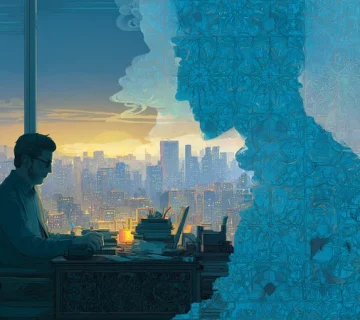 تصویر مفهومی فرسودگی شغلی مدیران و بازسازی ذهن؛ مدیر ایرانی بین خستگی و آرامش با نور سرد و گرم در محیط کاری شبانه تهران