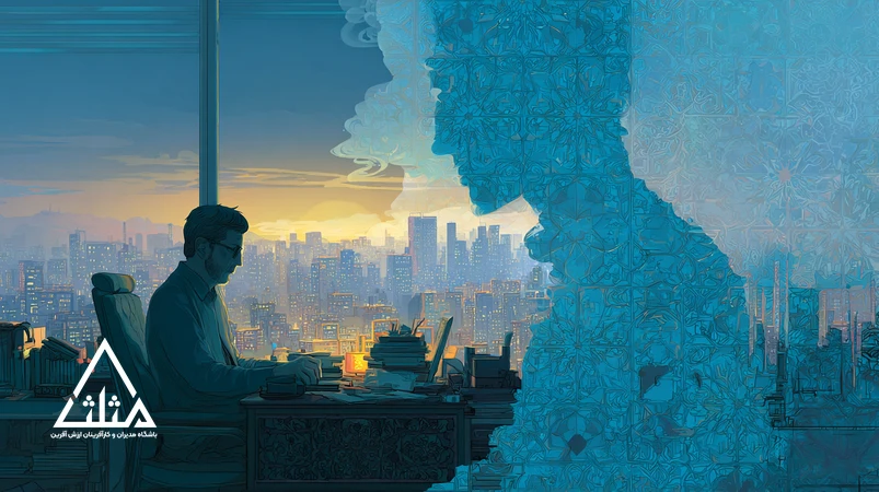 تصویر مفهومی فرسودگی شغلی مدیران و بازسازی ذهن؛ مدیر ایرانی بین خستگی و آرامش با نور سرد و گرم در محیط کاری شبانه تهران