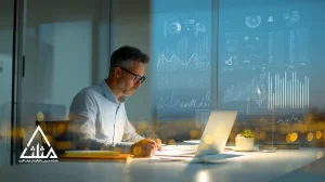 مدیر ایرانی در حال بررسی گزارش‌های مالی و مالیات بر ارزش افزوده با تمرکز بر حسابداری عملی، جریان نقدی و شفافیت مالی برای تصمیم‌سازی