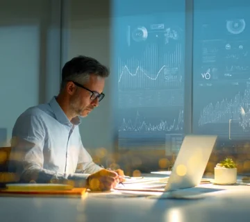 مدیر ایرانی در حال بررسی گزارش‌های مالی و مالیات بر ارزش افزوده با تمرکز بر حسابداری عملی، جریان نقدی و شفافیت مالی برای تصمیم‌سازی