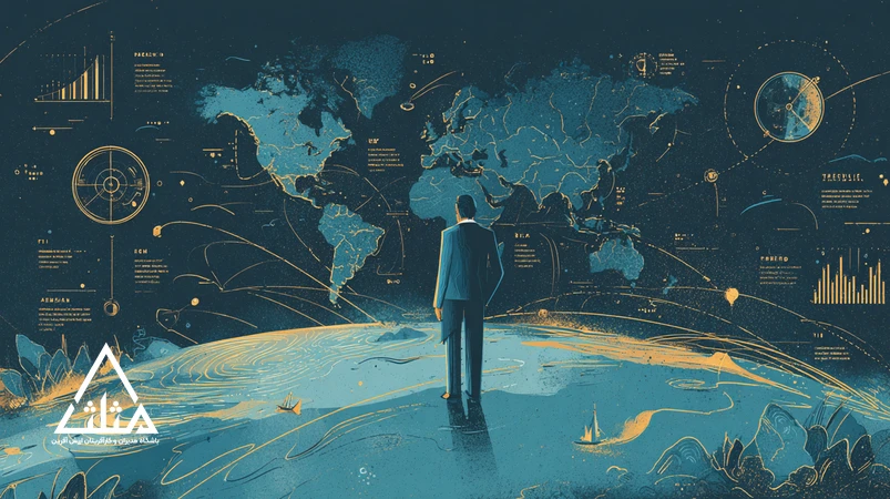 تصویر شاخص سفرهای مدیریتی با مسیرهای متصل تهران تا توکیو، برلین، استانبول، نایروبی و استکهلم؛ نماد یادگیری از فرهنگ‌ها و مدل‌های تصمیم‌گیری جهانی.