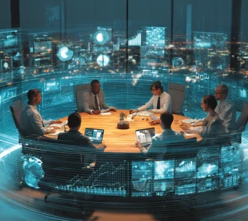 تصویر مدیران و الگوریتم‌ها در یک اتاق جلسه مدرن؛ هم‌زیستی هوش انسانی و هوش مصنوعی با داشبوردهای داده‌محور در تصمیم‌سازی