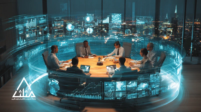 تصویر مدیران و الگوریتم‌ها در یک اتاق جلسه مدرن؛ هم‌زیستی هوش انسانی و هوش مصنوعی با داشبوردهای داده‌محور در تصمیم‌سازی