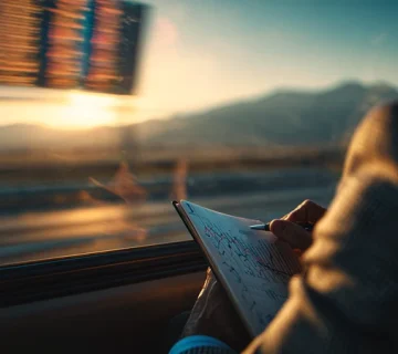 تصویر مدیر ایرانی در حال سفر جاده‌ای؛ دفترچه با نمودار سازمانی و نشانه‌های تصمیم‌گیری مدیریتی، نماد یادگیری در سفر و سبک زندگی مدیران