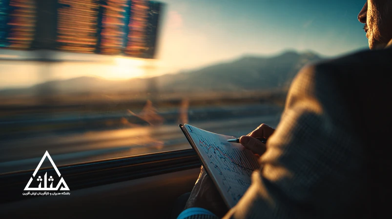 تصویر مدیر ایرانی در حال سفر جاده‌ای؛ دفترچه با نمودار سازمانی و نشانه‌های تصمیم‌گیری مدیریتی، نماد یادگیری در سفر و سبک زندگی مدیران