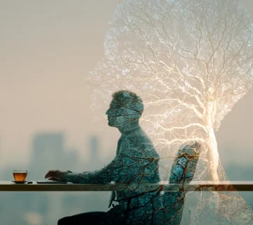 تصویر شاخص ذهنآگاهی در تصمیمهای بزرگ؛ مدیر آرام با تمرکز در لحظه و وضوح فکری در پسزمینهٔ شهر، نماد درخت تصمیم و آرامش ذهنی