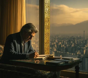 مدیر ایرانی در حال نوشتن جمله صبحگاهی کنار پنجره با طلوع خورشید؛ تنظیم ذهن برای موفقیت، تمرکز و ذهن‌آگاهی در شروع روز