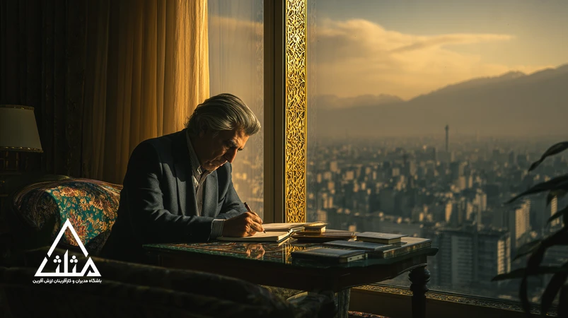 مدیر ایرانی در حال نوشتن جمله صبحگاهی کنار پنجره با طلوع خورشید؛ تنظیم ذهن برای موفقیت، تمرکز و ذهن‌آگاهی در شروع روز