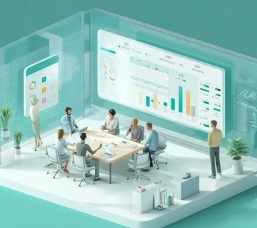 تصویر تیم ایرانی در حال همکاری مقابل داشبورد OKR با نمایش Objectives و Key Results، نوار پیشرفت و چرخه بازبینی؛ اجرای استراتژی و مدیریت هدف