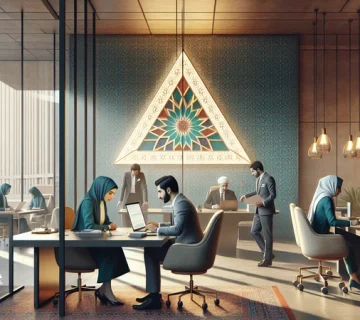 تصویر تیم ایرانی در یک دفتر مدرن با نماد مثلث نورانی که پیوند رفتار مدیر و باورهای تیم را در ساخت فرهنگ سازمانی موفق نشان می‌دهد