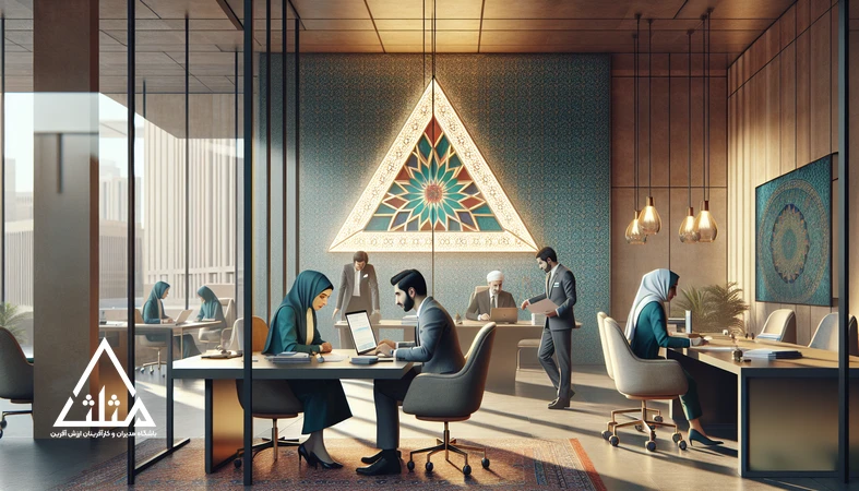 تصویر تیم ایرانی در یک دفتر مدرن با نماد مثلث نورانی که پیوند رفتار مدیر و باورهای تیم را در ساخت فرهنگ سازمانی موفق نشان می‌دهد