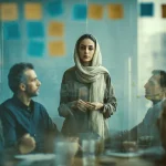 رهبر آرام در کنار تیم ایرانی در دفتر کار، مقابل داشبورد بحران؛ نمایش پایداری سازمانی در زمان بحران و تمرکز تیم بر اقدام‌های کوتاه‌مدت