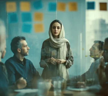 رهبر آرام در کنار تیم ایرانی در دفتر کار، مقابل داشبورد بحران؛ نمایش پایداری سازمانی در زمان بحران و تمرکز تیم بر اقدام‌های کوتاه‌مدت