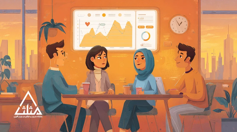 تصویر تیم یک کسب‌وکار کوچک ایرانی در حال مرور داشبورد شاخص‌های کلیدی؛ ترکیب احساس و داده در مدیریت عملکرد برای تصمیم‌گیری دقیق