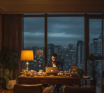 مدیر ایرانی در حال بستن لپتاپ در پایان روز، نماد مرزبندی شخصی و تعادل کار و زندگی برای جلوگیری از فرسودگی شغلی