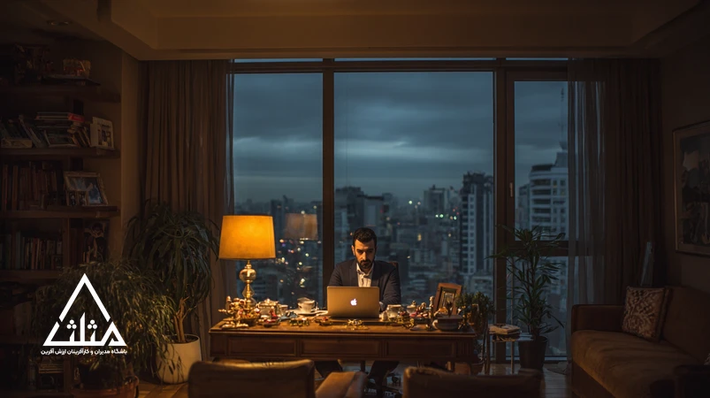 مدیر ایرانی در حال بستن لپ‌تاپ در پایان روز، نماد مرزبندی شخصی و تعادل کار و زندگی برای جلوگیری از فرسودگی شغلی
