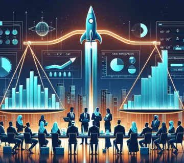 تصویر مفهومی اسکیل آپ واقعی با تعادل بین رشد سریع، ظرفیت سازمانی و مدیریت ریسک؛ نمودار KPI، تیم مدیریتی و پایه‌های مستحکم برای رشد پایدار