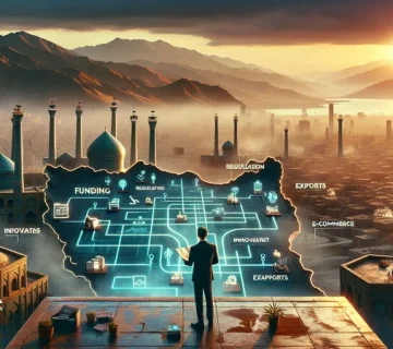 تصویر مفهومی واقعیت کارآفرینی در ایران ۱۴۰۵ با نمای تهران، نقشه راه موانع و فرصت‌ها و نمادهای هوش مصنوعی و تجارت دیجیتال