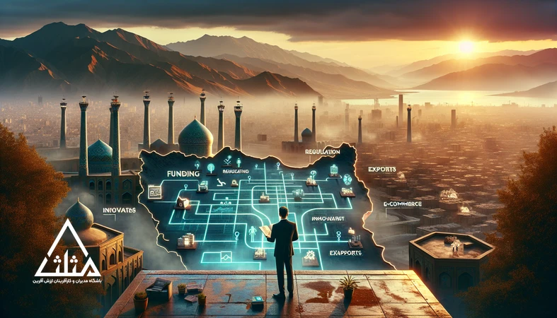 تصویر مفهومی واقعیت کارآفرینی در ایران ۱۴۰۵ با نمای تهران، نقشه راه موانع و فرصت‌ها و نمادهای هوش مصنوعی و تجارت دیجیتال