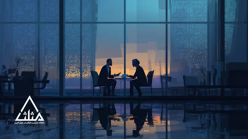 رابطه‌محوری در فروش دوران بی‌اعتمادی؛ دو مدیر در حال مذاکره حرفه‌ای با نمادسازی پل شفاف اعتماد و تمرکز بر شفافیت و پاسخ‌گویی