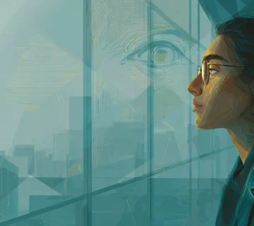 تصویر یک رهبر ایرانی در حال خودشناسی با بازتاب در شیشه و الگوی مثلثی؛ نمادی از رهبری مؤثر، آرامش و تصمیم‌گیری آگاهانه.