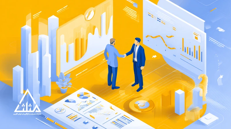 تصویر مفهومی از منابع هوشمند تأمین مالی برای جذب سرمایه رشد کسب‌وکار در ایران؛ دست دادن کارآفرین و سرمایه‌گذار کنار نمودارهای مالی و مسیر رشد