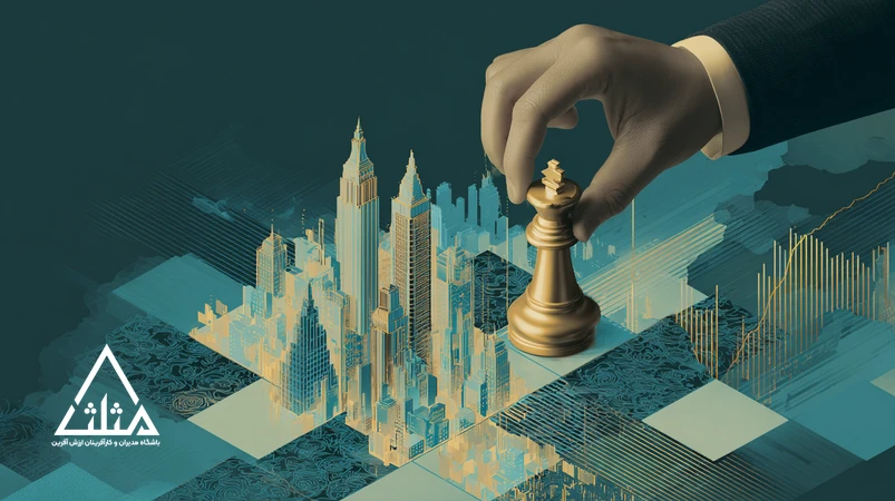 تصویر مفهومی پول هوشمند در سرمایه‌گذاری: دست استراتژیست با مهره شطرنج روی نمودارهای مالی و شهر، نماد تصمیم‌گیری هوشمند و ارزش‌افزایی