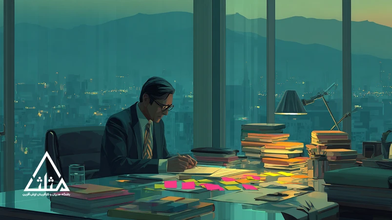 مدیر ایرانی در دفتر کاری مدرن کنار ۱۰ کتاب کمترشناخته‌شده مدیریت؛ تمرکز بر تصمیم‌سازی، اجرا و فرهنگ برای تغییر مسیر شغلی مدیران