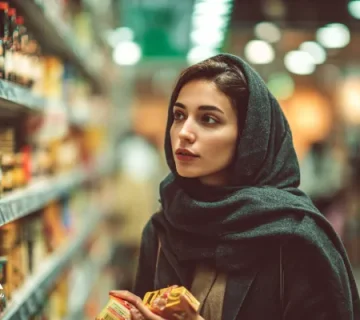 زن جوان ایرانی در حال بررسی و مقایسه محصولات در یک فروشگاه؛ لحظه تصمیم‌گیری خرید و نمایش روند روانشناسی انتخاب مشتری در بازار ایران.