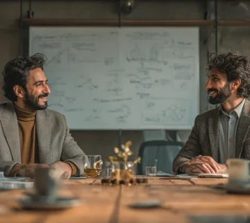 صحنهٔ مذاکرهٔ حرفه‌ای در یک دفتر ایرانی با نمایش ZOPA و BATNA، زبان بدن باز و شنیدن فعال برای رسیدن به نتیجهٔ برد–برد