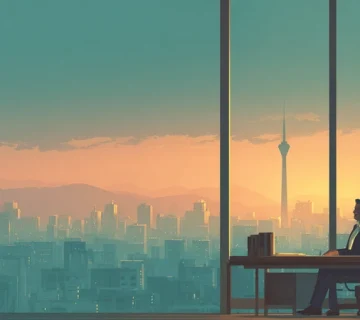 تصویر یک مدیر ایرانی که با آرامش مرز کار و زندگی را با درِ شیشه‌ای شفاف جدا می‌کند؛ نمادی از تعادل کار و زندگی مدیران و مرزگذاری حرفه‌ای