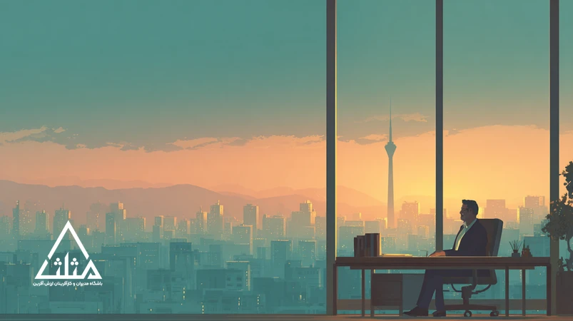 تصویر یک مدیر ایرانی که با آرامش مرز کار و زندگی را با درِ شیشه‌ای شفاف جدا می‌کند؛ نمادی از تعادل کار و زندگی مدیران و مرزگذاری حرفه‌ای