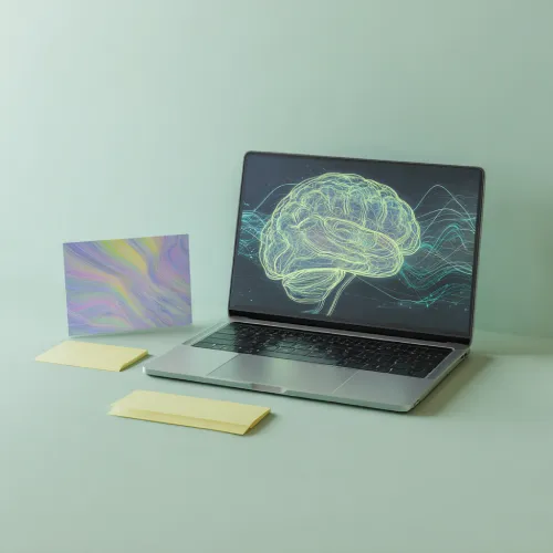 نمایی مینیمال از لپ‌تاپی با تصویر مغز و خطوط تحلیلی روی صفحه، در کنار کارت‌ها و یادداشت‌های رنگی؛ نمادی از نقش هوش مصنوعی و فناوری در پشتیبانی از فرایندهای تحلیلی تحریریه وب‌سایت باشگاه مدیران و کارآفرینان مثلث.