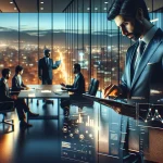 مدیر ایرانی در جلسه هیئت‌مدیره در حال مقایسه گزارش انسانی با تحلیل هوش مصنوعی برای تصمیم‌گیری مدیریتی