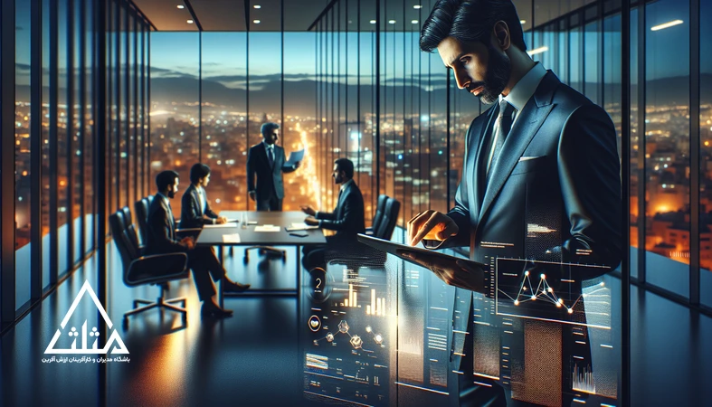 مدیر ایرانی در جلسه هیئت‌مدیره در حال مقایسه گزارش انسانی با تحلیل هوش مصنوعی برای تصمیم‌گیری مدیریتی