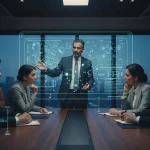 مدیران در جلسه تصمیم‌گیری مدیریتی با استفاده از داشبورد هوش مصنوعی و بررسی ریسک وابستگی به الگوریتم‌ها