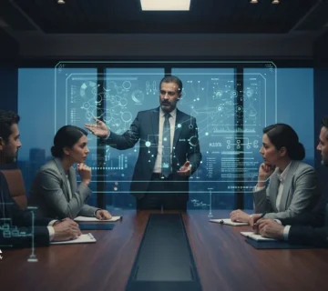 مدیران در جلسه تصمیم‌گیری مدیریتی با استفاده از داشبورد هوش مصنوعی و بررسی ریسک وابستگی به الگوریتم‌ها