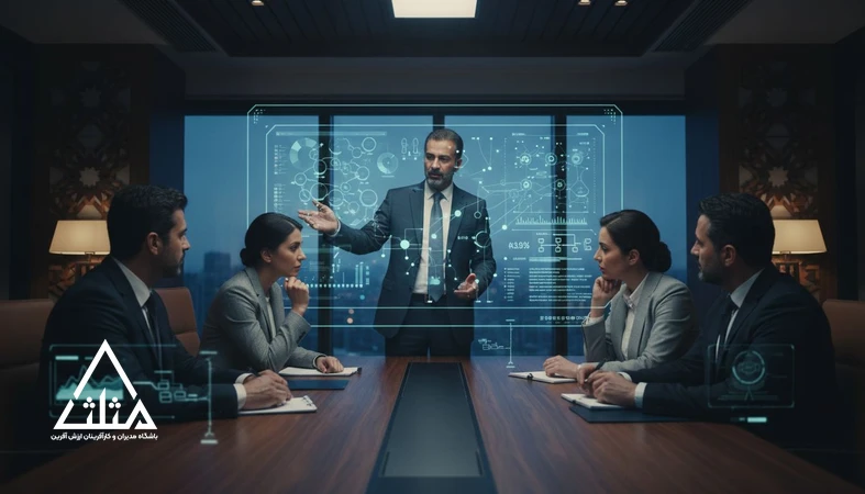 مدیران در جلسه تصمیم‌گیری مدیریتی با استفاده از داشبورد هوش مصنوعی و بررسی ریسک وابستگی به الگوریتم‌ها