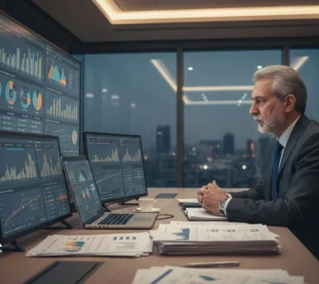 مدیر در جلسه تصمیم‌گیری سازمانی در حال بررسی داشبوردها و گزارش‌های متعدد؛ تصویر مفهومی از فلج تحلیلی و سخت‌شدن تصمیم با داده زیاد