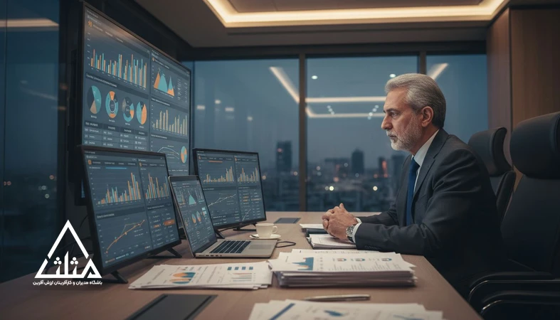 مدیر در جلسه تصمیم‌گیری سازمانی در حال بررسی داشبوردها و گزارش‌های متعدد؛ تصویر مفهومی از فلج تحلیلی و سخت‌شدن تصمیم با داده زیاد