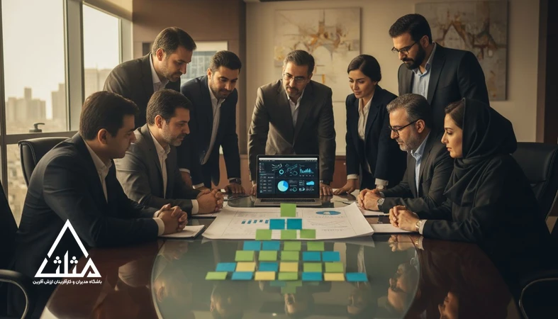 جلسه مدیران در اتاق هیئت‌مدیره درباره تصمیم‌های مدیریتی مرتبط با برند؛ برند به‌عنوان تصمیم مدیریتی نه فعالیت تبلیغاتی