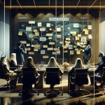 جلسه مدیران در حال تدوین استراتژی برند و بررسی اثر آن بر انسجام تصمیم‌ها و رشد کسب‌وکار