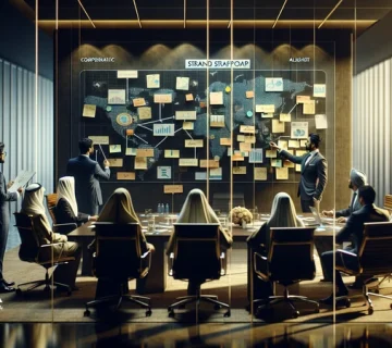 جلسه مدیران در حال تدوین استراتژی برند و بررسی اثر آن بر انسجام تصمیم‌ها و رشد کسب‌وکار