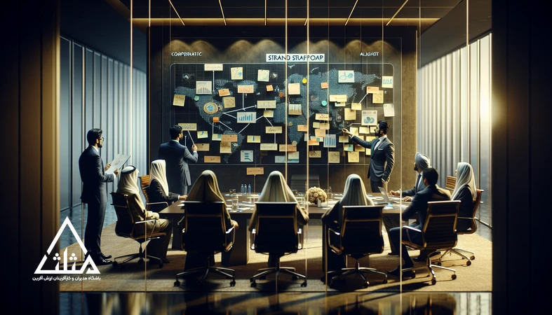 جلسه مدیران در حال تدوین استراتژی برند و بررسی اثر آن بر انسجام تصمیم‌ها و رشد کسب‌وکار
