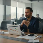 مدیر در فضای جلسه کاری با تقویم شلوغ و یادداشت‌ها؛ تصویر مفهومی از ذهن شلوغ مدیر و تکنیک‌های تمرکز در روزهای پرجلسه